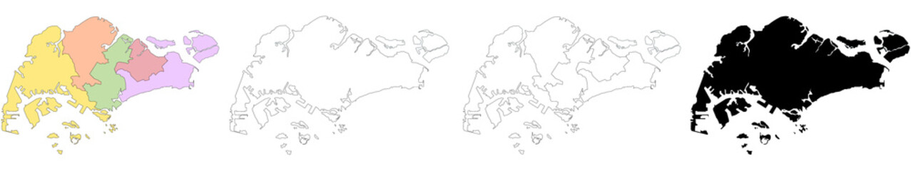 Singapore map, Singapore outline and districts administration map set - illustration version