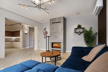 The elegant interior design of the open-plan apartments. A cozy living room with a sofa and a fireplace, a passage to the kitchen.