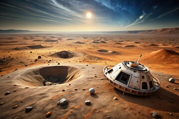 An abandoned or crashed spacecraft on a distant barren surface with scattered debris and a massive crater nearby, metallic scrap, destroyed spacecraft, lunar wreckage