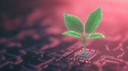 Green Plant Growing from Computer Chip on Circuit Board Blending Nature and Technology in Futuristic Mixed Media Collage