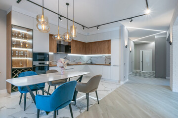 Modern kitchen design with elegant furniture. White kitchen set, stylish ceiling lights.