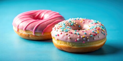 Two Pink Glazed Donuts with Sprinkles on a Blue Background
