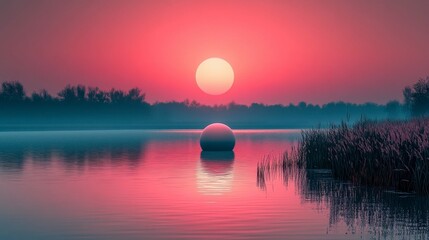 A minimalist 3D landscape with a soft, glowing sphere floating over a calm lake, surrounded by lush grass, and a vibrant sunset sky blending into warm tones of pink and orange.