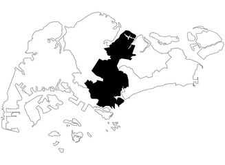 Map of Central Singapore ,CDC Districts in Singapore country on white background. single CDC districts map highlighted by black colour on Singapore map. Asian country, sg