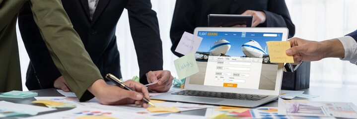 Analyst team use sticky note for creative and analytic brainstorm for business idea with BI data dashboard on laptop screen. Analysis financial data visualization tech for marketing strategy. Prodigy