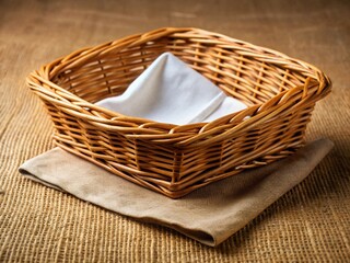 Obraz premium Empty Wicker Bread Basket, White Napkin, Rustic Burlap & Straw - Minimalist Stock Photo