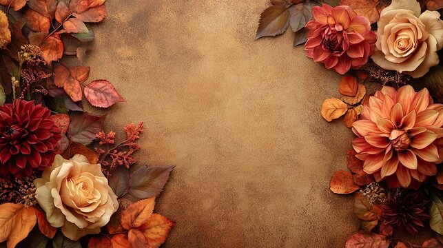 Elegant autumn floral border background with dahlia, rose and fall leaves