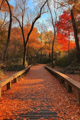 Parc d'automne paisible avec feuilles mortes et arbres color&eacute;s
