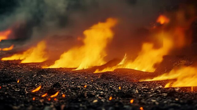 Flames devour forest underbrush sunset.Smoke billows fiery landscape.Embers glow intensely dark ground.Wildfire spreads rapidly dry conditions.Disaster concept visualizes climate change effects.