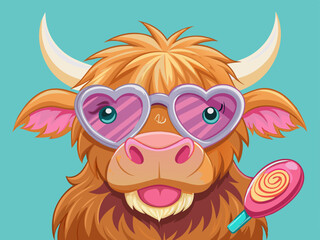 Whimsical Cartoon Highland Cow with Pink Heart-Shaped Sunglasses and Lollipop in Pop Art Style