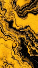 Abstract yellow and black fluid landscape resembling a swirling river of gold and onyx, swirling, gold, fluid