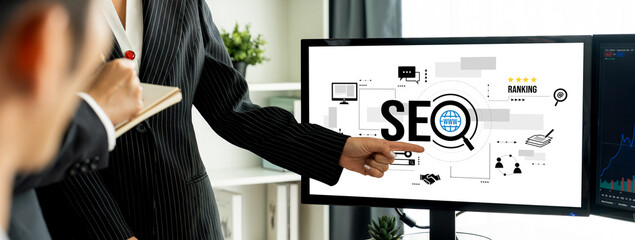 SEO search engine optimization for brisk e-commerce and online retail business showing on computer...