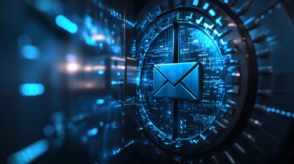 Cybersecurity concept with locked email icon ensuring safe data sharing and encrypted electronic communication, digital protection theme, book illustration style