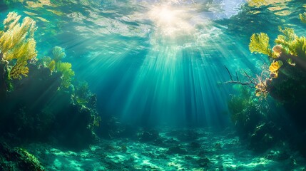 Fototapeta premium Sunbeams Illuminate Vibrant Underwater Coral Reef Scene