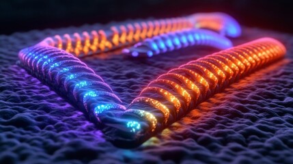 A macro shot of bioengineered cells seen through a microscope, glowing in multiple colors, emphasizing cutting-edge biotech research in genetic and cellular engineering.