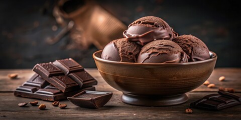 A bowl of rich chocolate ice cream, perfectly scooped and surrounded by dark chocolate squares, a...