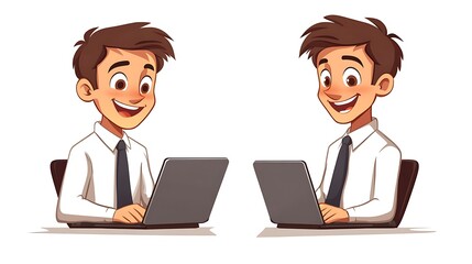Two happy cartoon businessmen using laptops.