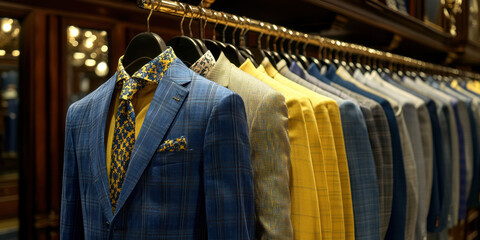 Obraz premium Brightly colored suits hang neatly in a luxurious boutique. Each outfit displays unique textures and patterns, appealing to sophisticated tastes and formal occasions.