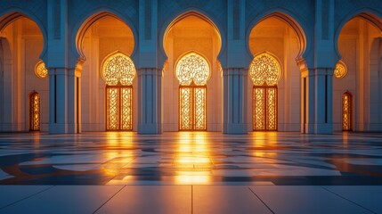 Ornate Arches and Glowing Doors of an Interior Architectural Design