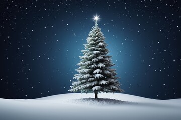 Fototapeta premium snowy christmas tree with star on top in a snowy field