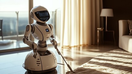 Modern Robot Performing Household Cleaning Tasks in Bright Living Room