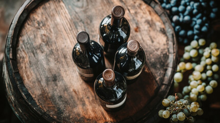 The intricate wood textures and rich tones of the wine bottles create a cozy and inviting scene.