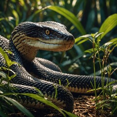 Fototapeta premium A snake has a magical power that it only reveals in times of danger. What could it be? A green and black snake with yellow stripes, looking to the right, with its head raised above the green grass.