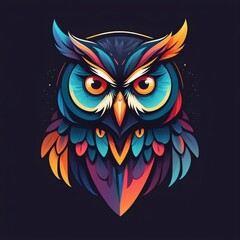 A sleek, modern owl logo with glowing eyes and layered feathers in bright multicolored tones