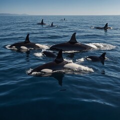 Fototapeta premium A pod of orcas swimming together in the pristine ocean. A pod of orcas cruising through calm, transparent seas.Groups of Orcas or killer whales swim and hunt for prey, the top of the food chain in 