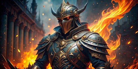 Fantasy Knight Fiery Battle Ornate Armor High Depth of Field Stock Photo