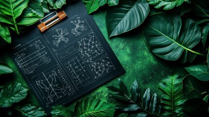 A scientific visual of plants combined with molecular biochemistry patterns, set against a lush green background, reflecting the study of biology and chemistry in nature