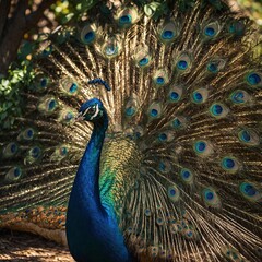 Obraz premium A vibrant peacock displaying its majestic tail feathers in the zoo garden. A peacock spreading its iridescent feathers in a lush green garden.A vibrant peacock displaying its feathers in a garden 