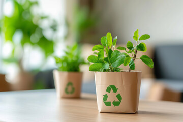 Fototapeta premium Indoor plants in recyclable cardboard pots with recycling symbols