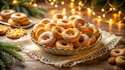 A bowl of freshly baked, sugar-dusted donuts nestled on a cozy, lace-trimmed tablecloth, illuminated by warm, twinkling lights.