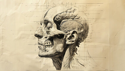 Fototapeta premium Medical Study of Human Skull Structure.Artistic Anatomical Sketch of the Head.Precision Medical Illustration of the Brain