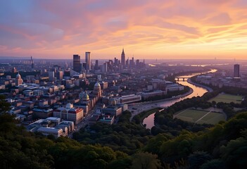 Obraz premium City view with river at sunset
