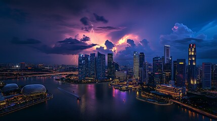 Fototapeta premium Night Cityscape Lightning Storm Over Skyscrapers