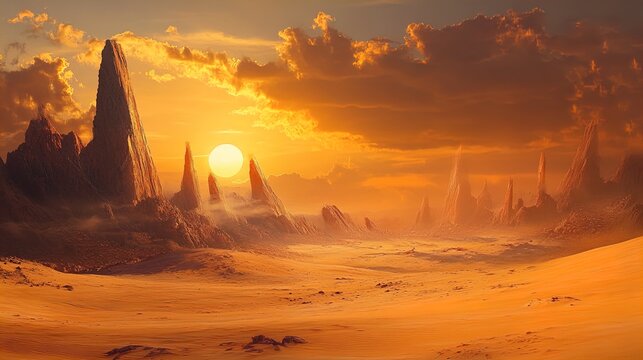 A mesmerizing sunset casts a warm golden hue over an otherworldly desert landscape characterized by towering jagged rock formations protruding from the sandy terrain. The scene is illuminated by a lar