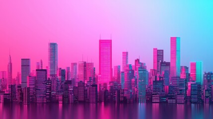 A vibrant city skyline with futuristic architecture, illuminated in pink and blue hues, reflecting beautifully in the water.