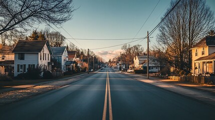 Suburban Street at Sunset Houses and Trees Line Road