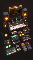 Studio music production setup; equipment, instruments, speakers, mixer