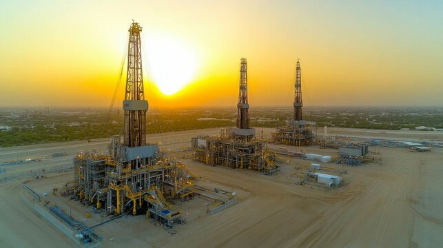 A panoramic view of an oil field at sunset, with multiple rigs and pumps working in unison, the golden light reflecting off the metal structures, showcasing the vastness of the oil extraction process.