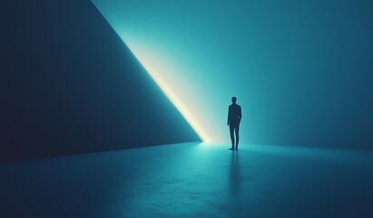 Mysterious figure standing in a vast space illuminated by vibrant blue light at twilight