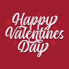 Happy Valentine's Day hand drawn lettering greeting card banner template red background. Romantic wallpaper with decorative hearts elements to celebrate Valentine Day on 14 February.