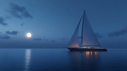 Fototapeta premium Sailing Yacht Under Moonlight on Calm Ocean Waters