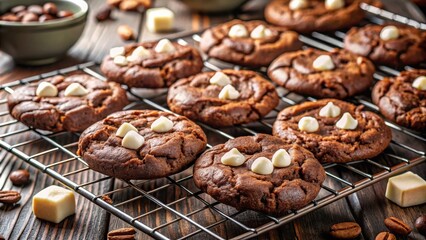 A close-up of freshly baked chocolate cookies with white chocolate chips, resting on a cooling rack, surrounded by coffee beans and white chocolate squares on a wooden surface.