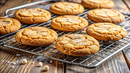 Freshly baked cookies cooling on a wire rack, with scattered sugar crystals on a rustic wooden background.