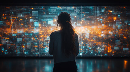 Customer browsing a digital platform with featured products. Bright lighting, contrast