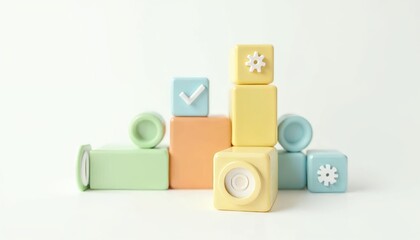 Colorful toy blocks, target icon, checkmarks, gear symbols, yellow, green, orange, blue cubes, workflow concept, business process visualization, goal achievement 