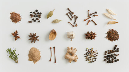 different spices isolated on white background